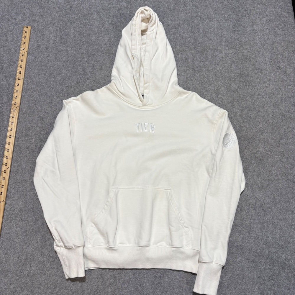 TIER Art Never Dies Cream Hoodie Mens Small Embroidered Logo Sweatshirt White